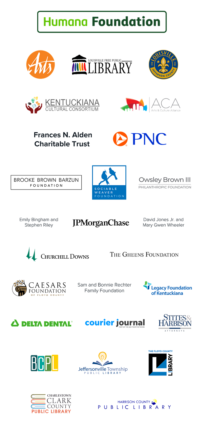Cultural Pass sponsors including Humana Foundation, Fund for the Arts, Louisville Metro, Louisville Free Public Library, Kentuckiana Cultural Consortium, PNC, JPMorgan Chase, Churchill Downs, and many more